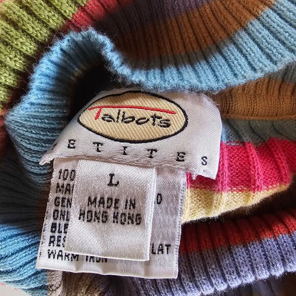 Vintage Talbots Petites Striped Turtle Neck Knit Ski Sweater cotton L 3838 - Picture 3 of 6